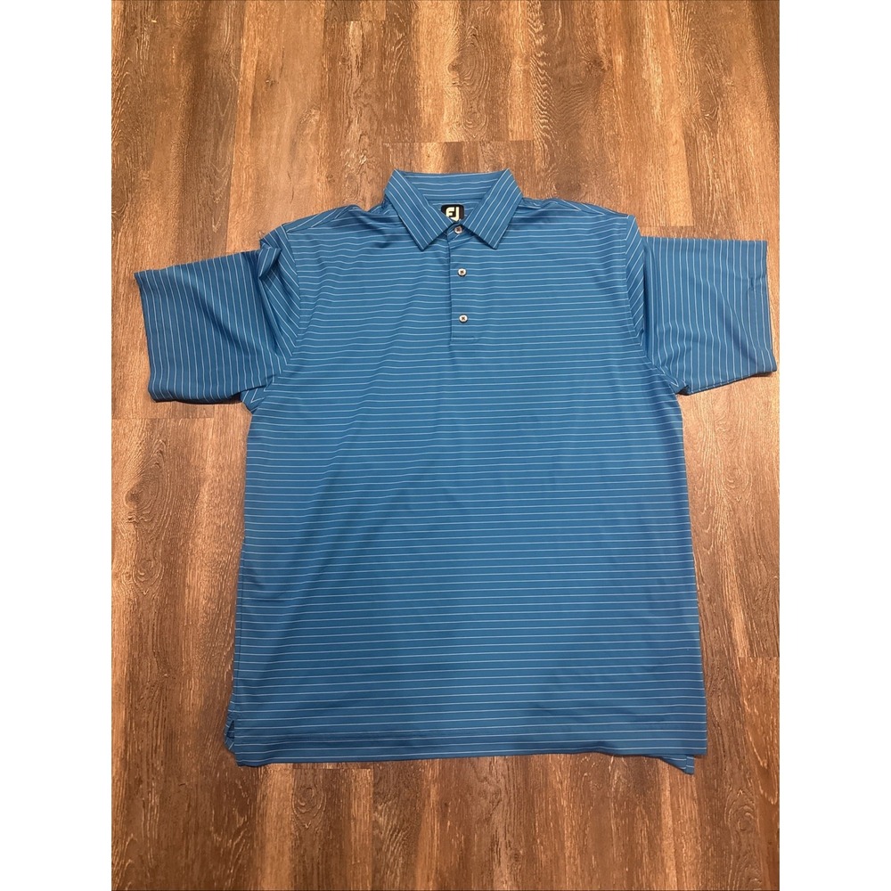 FootJoy Polo Shirt Mens 2XL Blue White Striped Golf Short Sleeve No Club Logos